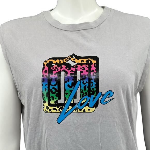 Maje Top Womens 1 Small‎ Gray Teo Sleeveless Love Graphic Tee Muscle Rainbow - Picture 2 of 12